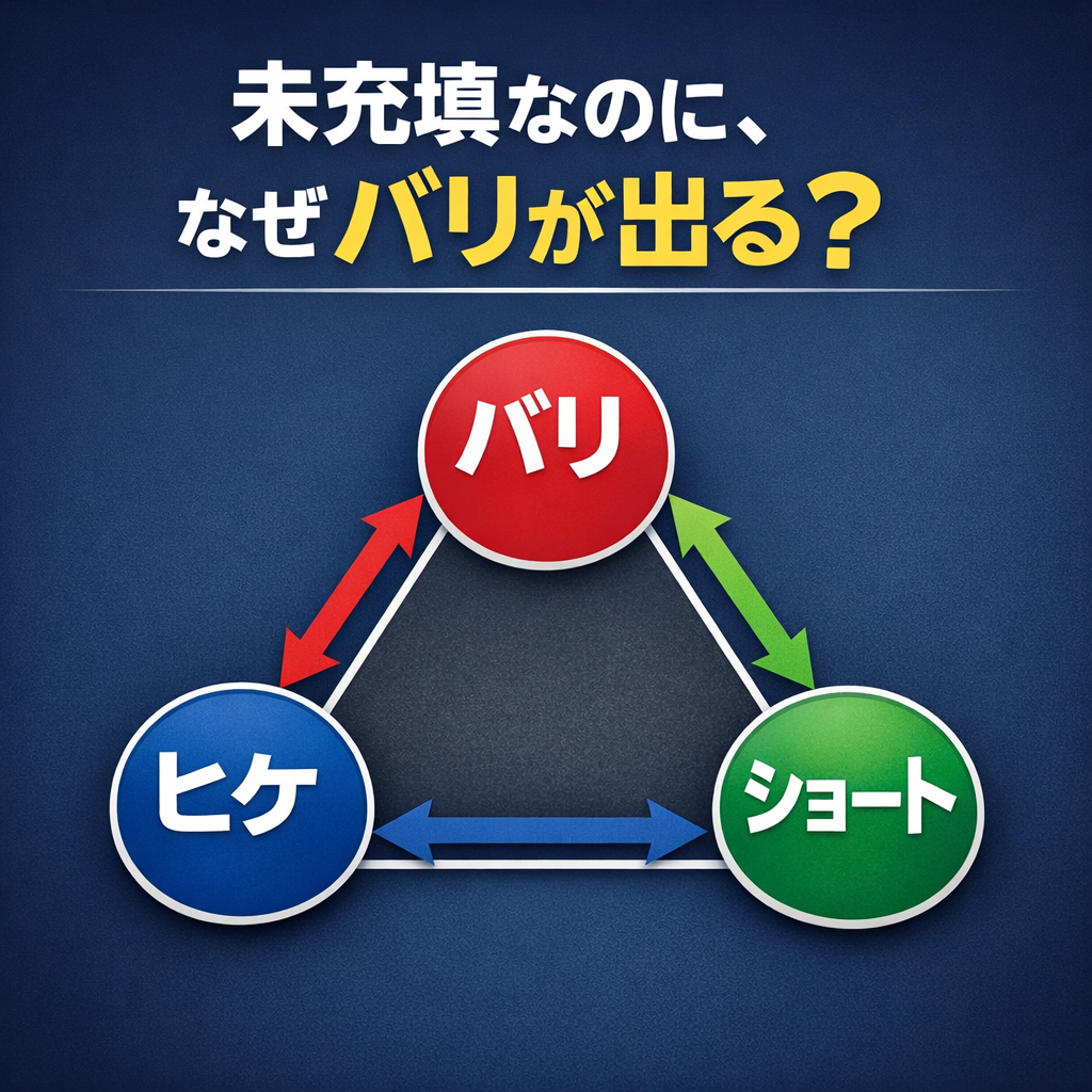 射出成形におけるバリ・ヒケ・ショートのトレードオフ関係図。「未充填なのになぜバリが出るのか」という疑問に対し、ガス圧縮による内圧の暴走と金型の浮きを解説するブログのアイキャッチ画像。