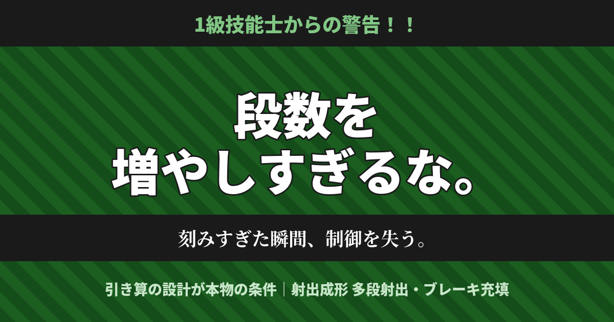 射出成形の多段射出とブレーキ充填の設計手順を解説する警告ポスター風アイキャッチ画像