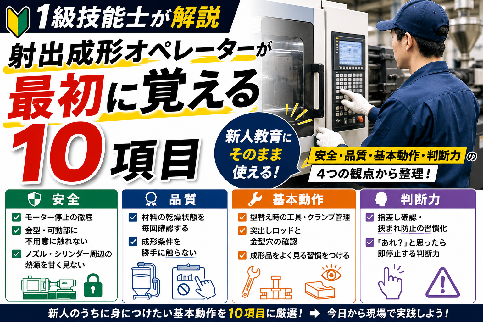 射出成形オペレーターが最初に覚える10項目を、安全・品質・基本動作・判断力の4つの観点から1級技能士が解説したアイキャッチ画像