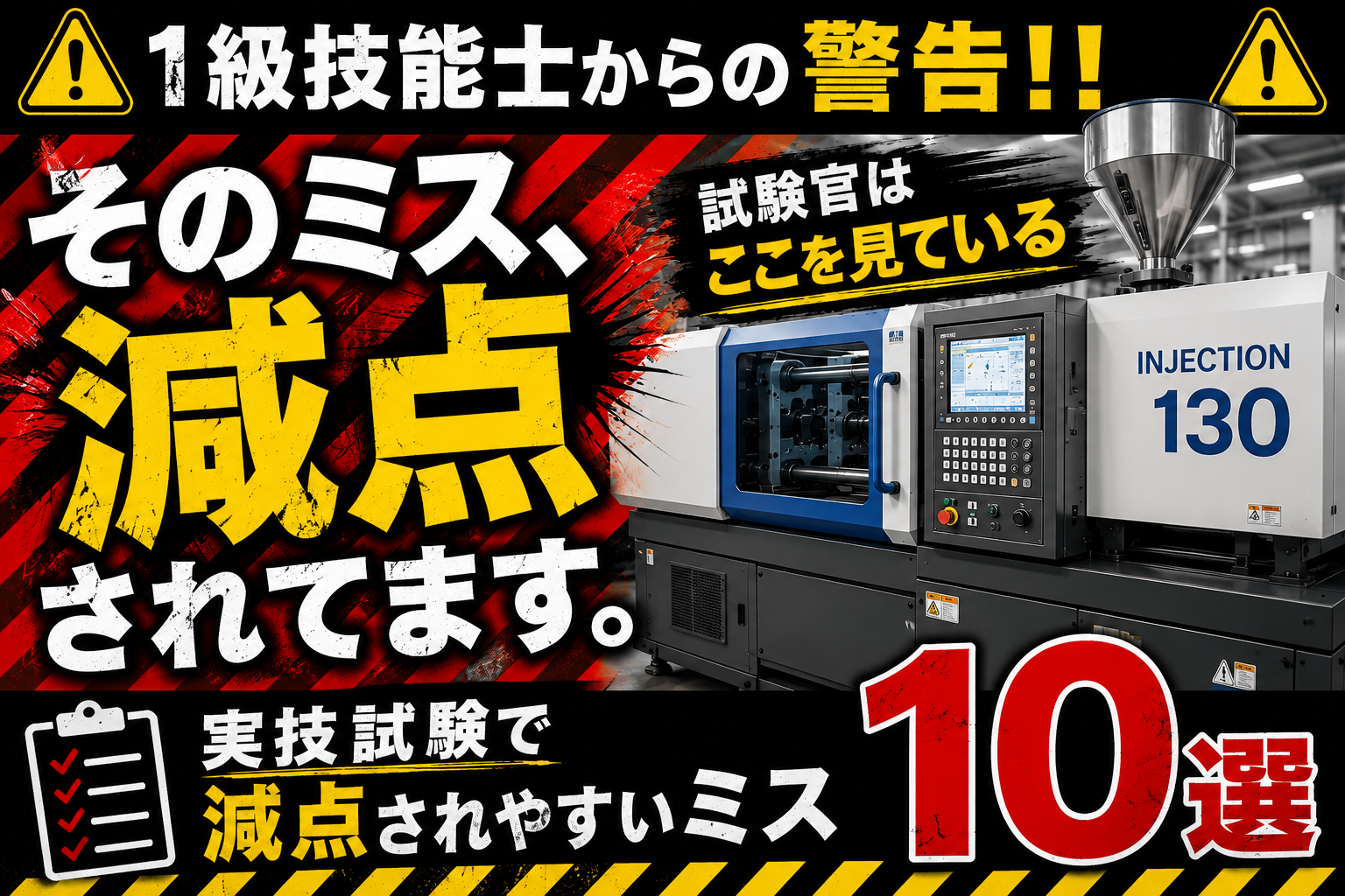 射出成形技能検定の実技試験で減点されやすいミス10選を解説するアイキャッチ画像。インジェクション130成形機を背景に、安全確認や作業手順の重要性を紹介。