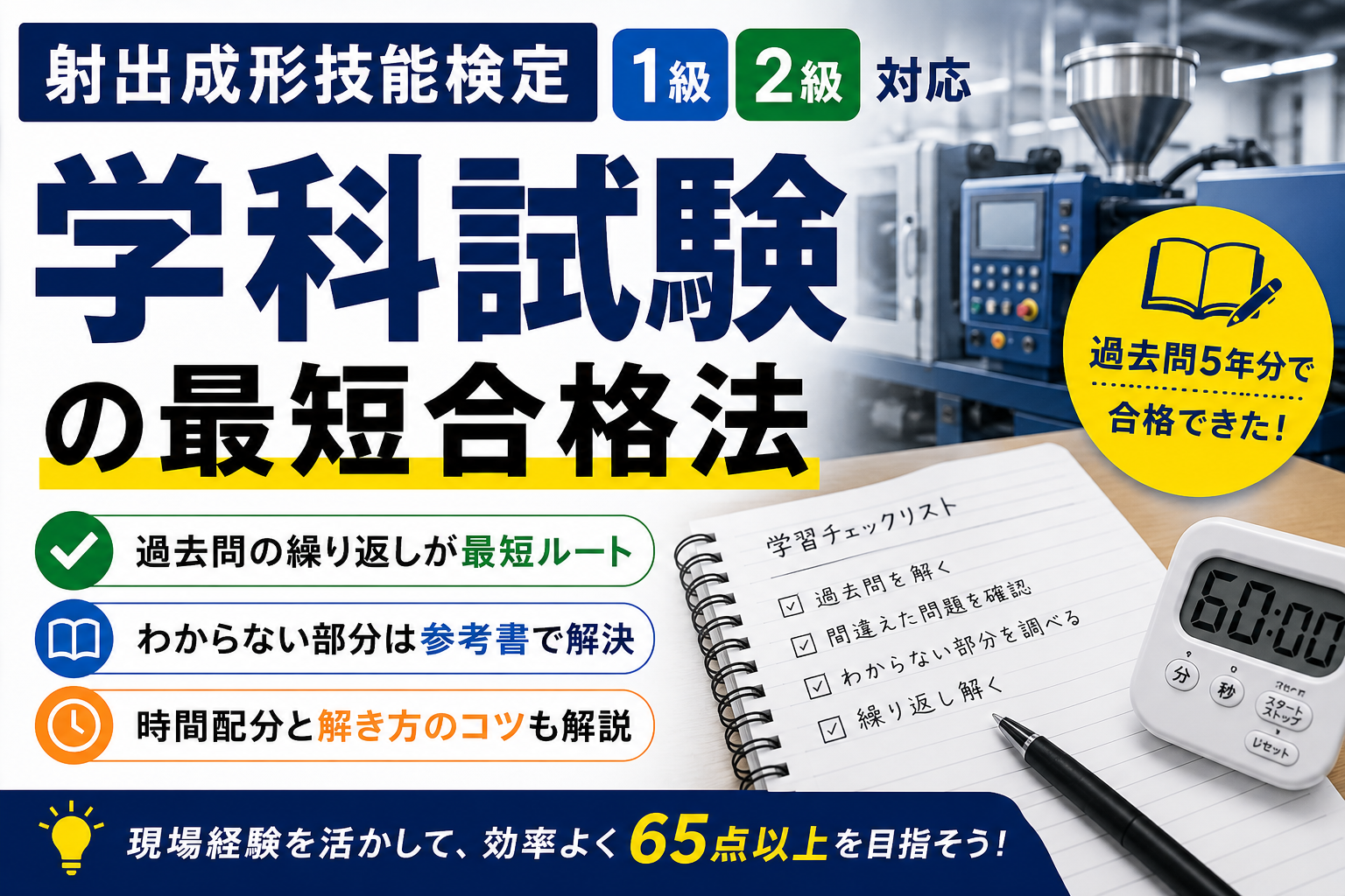 射出成形技能検定の学科試験に向けた勉強法を解説するアイキャッチ画像。1級・2級対応、過去問5年分を活用した最短合格法や時間配分のコツを紹介。
